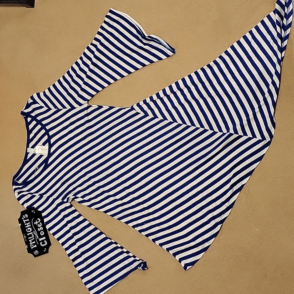 Emerald Blue White Striped Tunic Blouse Medium High Low Tulip Sleeve New